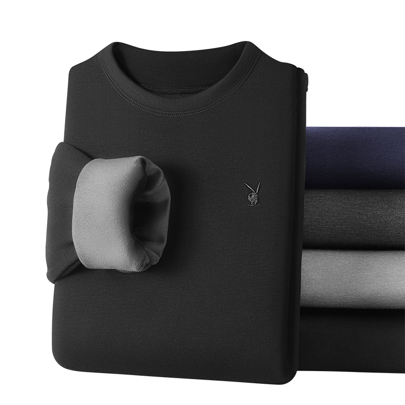 PLAYBOY Thermal Underwear for Men, Fleece-Lined And Thickened, Men's Warm Underwear, Autumn And Winter Top And Bottom, Round Neck