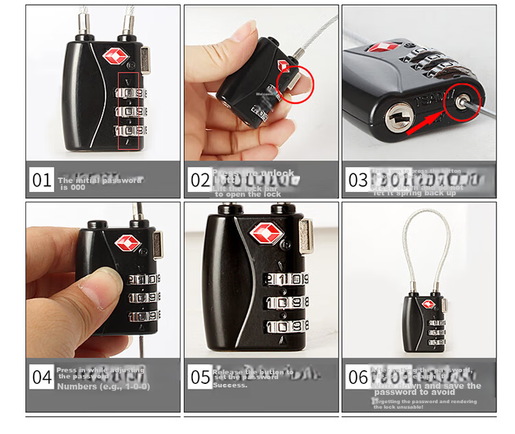 Aubin TSA Steel Cable Padlock Combination Lock Global Travel Luggage Lock Drawer Cabinet Lock 7608 Black 15