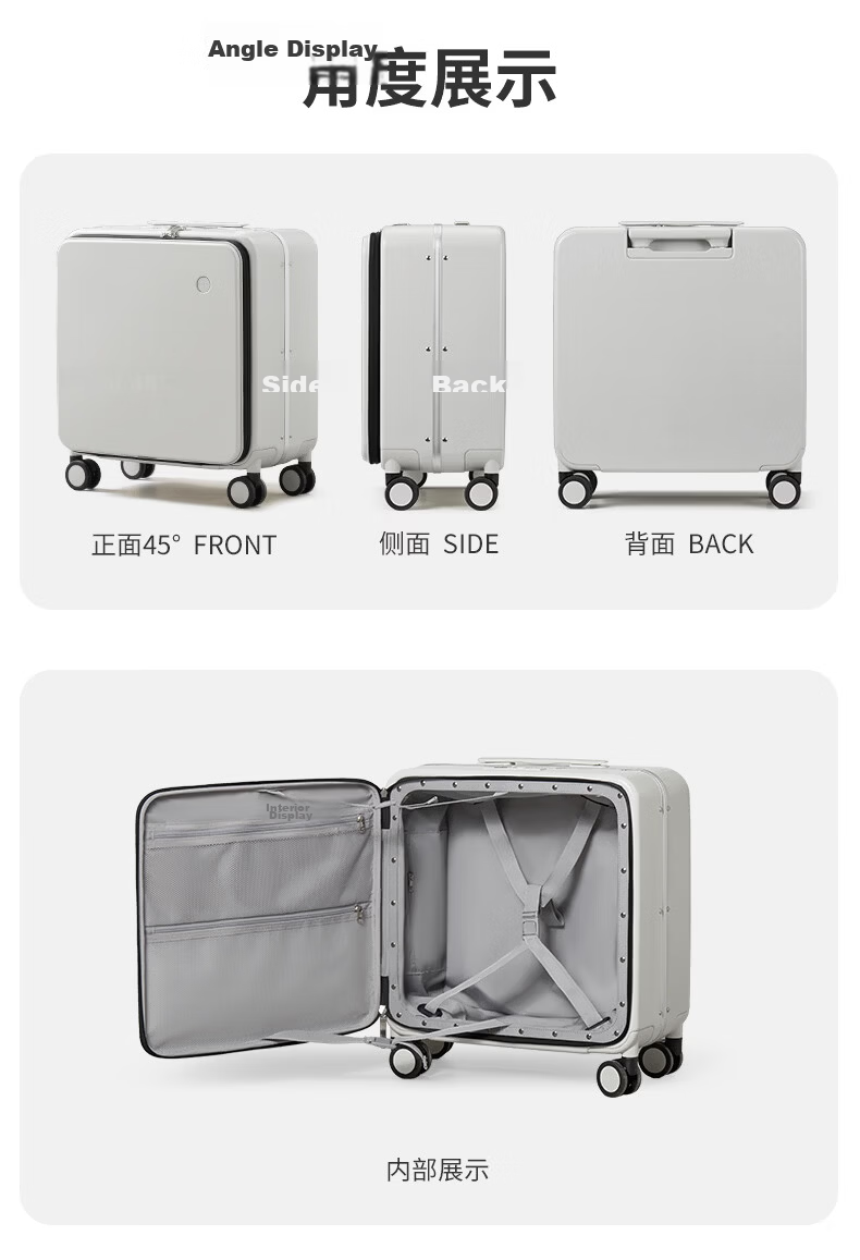 Mixi Side-Opening Aluminum Frame Suitcase, Men's Trolley Case, Luggage, Large Capacity Password Lock Suitcase, Travel Case for Women, 18 Inches, Smoke White 25