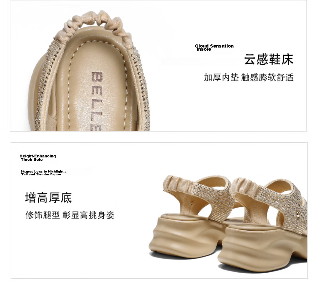 Belle Galaxy Glitter Sandals Women Summer 2026 New Thick Sole Height Increasing Casual Sandals JD038BL6 Black Size 35 8