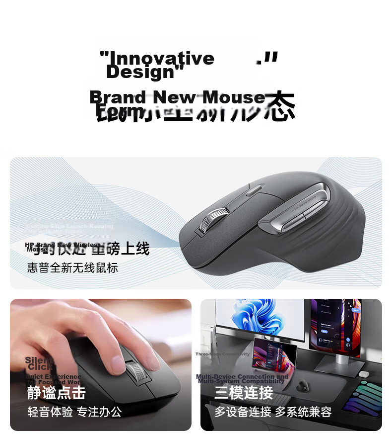 HP Professor1 Wireless Bluetooth Mouse and Mouse Pad Set Ergonomic Silent Business Office Design Laptop Tri-mode Mouse Dark Gray 3