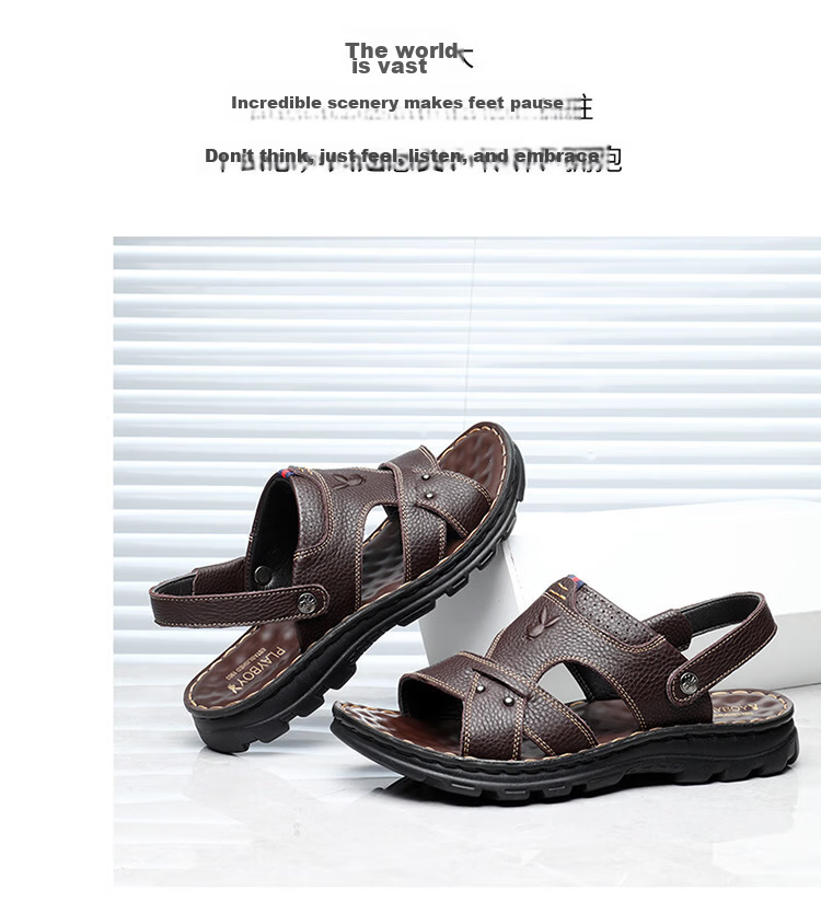 Playboy Men's Summer Casual Beach Sandals Outdoor Middle-aged and Elderly Dad Leather Slippers Black Size 43 5