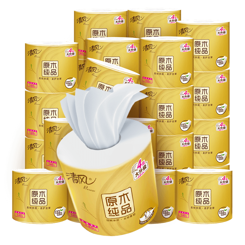 Qingfeng Core Roll Paper Gold Edition 4-Ply 140g*27 Rolls Supermarket Same Toilet Paper Tissue Full Box