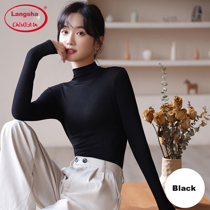 Langsha Women's Semi-Turtleneck Spring and Autumn Basic Long Sleeve Slim Fit High Elastic Soft Close-Fitting Base Shirt