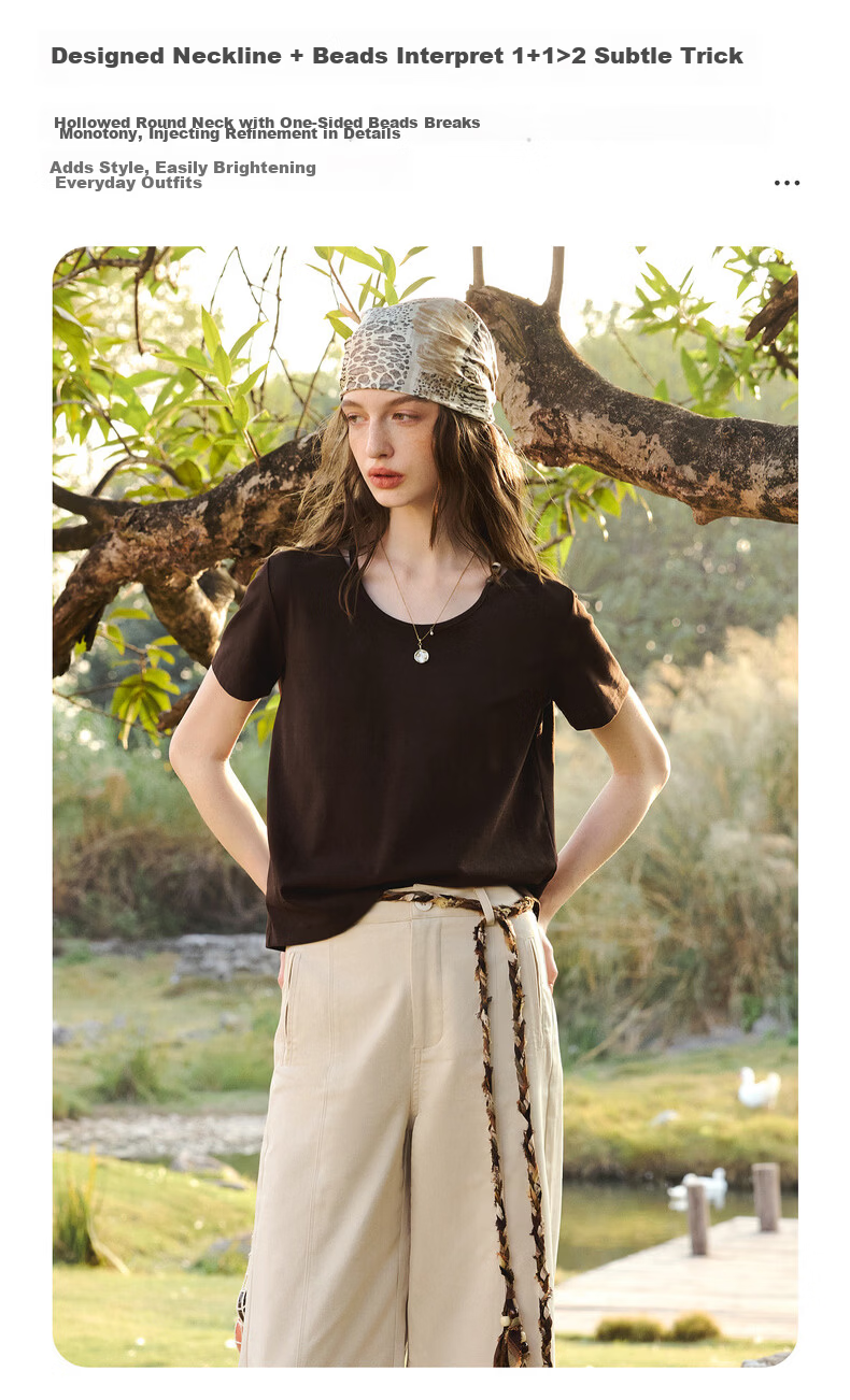 Olrain Oureier Round Neck Beaded Fitted Short Sleeve T-Shirt Women's Summer New Casual Trendy Top Beige L 9