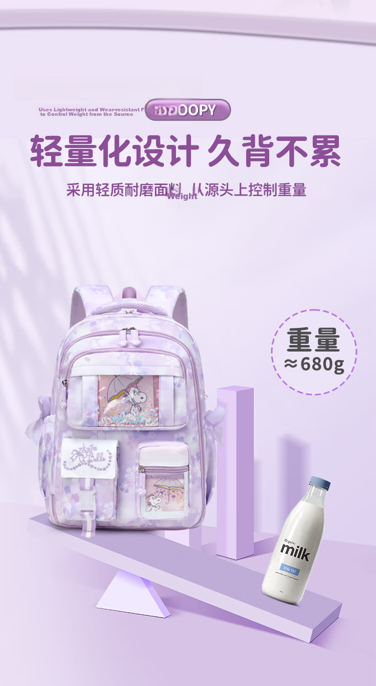 SNOOPY Elementary School Girls Backpack Grades 1-3 180-Degree Full Opening Children's School Bag Dreamy Purple Small Size 7