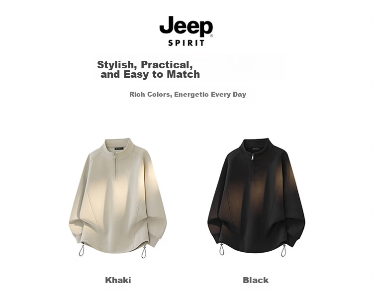 JEEP SPIRIT Men's Half-Zip Stand Collar Sweatshirt Spring Autumn Premium Solid Color Plus Size American Style Khaki 2XL 7