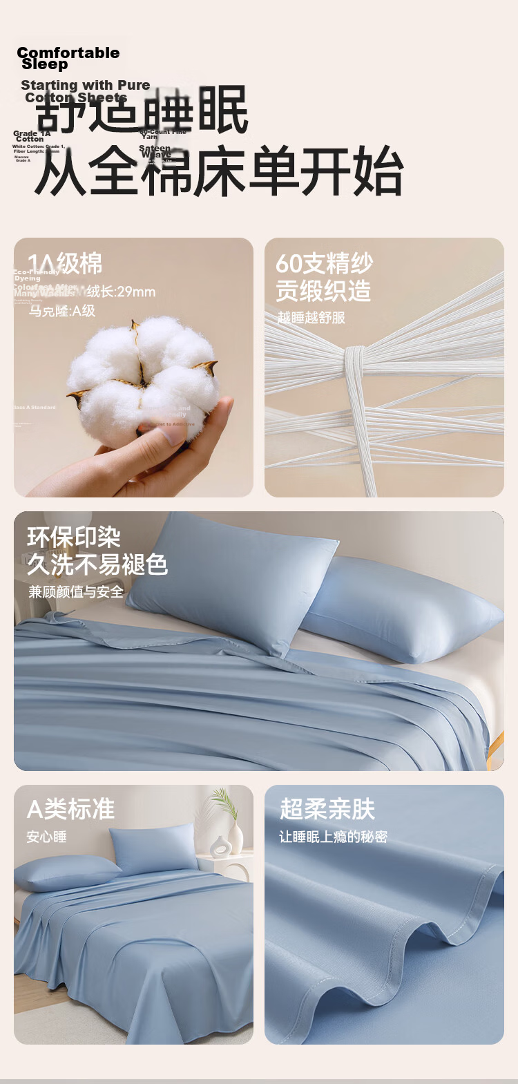 JD Jingzao 60S Pure Cotton Solid Color Bed Sheet A-Class Cotton Single Sheet 160*230cm Blue 2