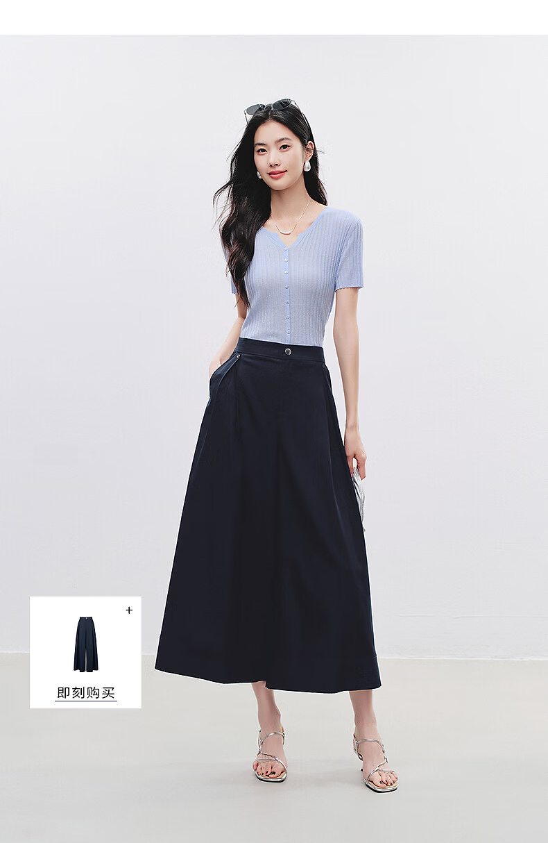 Yixiang Liying Solid Color Short Sleeve Linen Knitwear Women's New Soft Skin-Friendly Shoulder Fitting Top Milk Almond Beige L 42