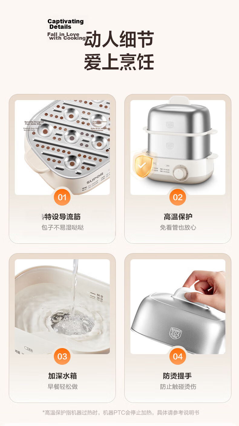 SUPOR Egg Cooker, Steamer, Small Steaming Pot, Egg Cooking Wonder, Rotary Knob with Timer And Auto Shut-Off, Double-Layer, Home Mini Egg Custard Multi-Function Cooker, Z15FK953 16