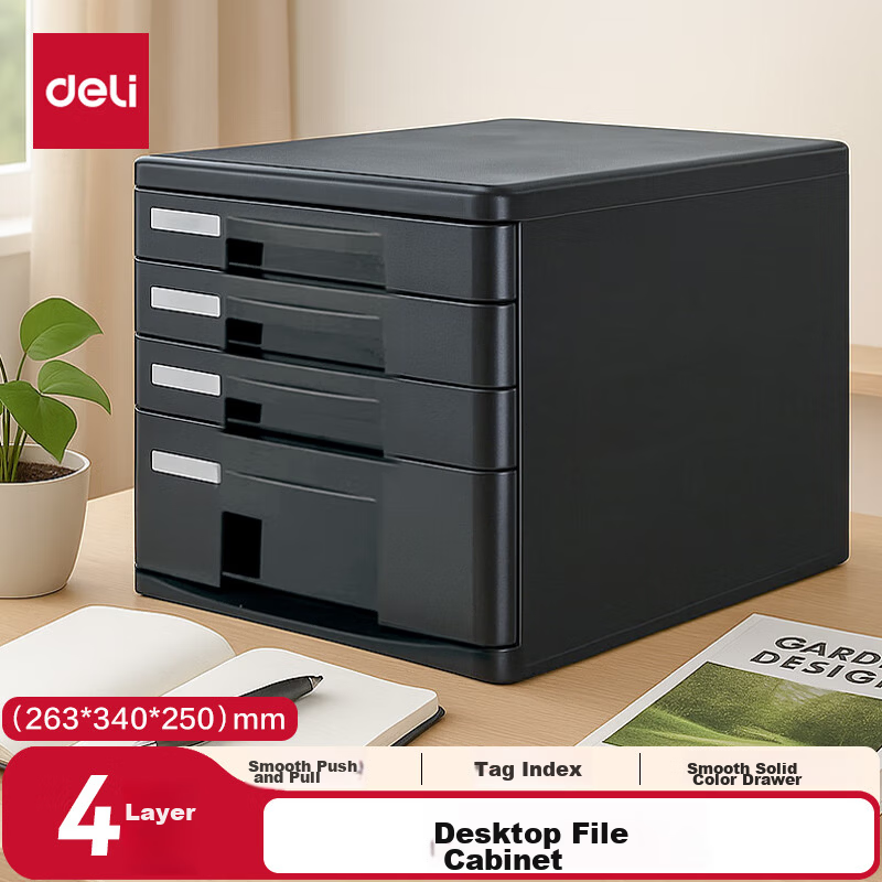Deli 4-Tier Office Desk Organizer Desktop Storage Box File Cabinet Drawer A4 Handle Document Index Label Subject Exam Paper Classification Storage Black 9772A