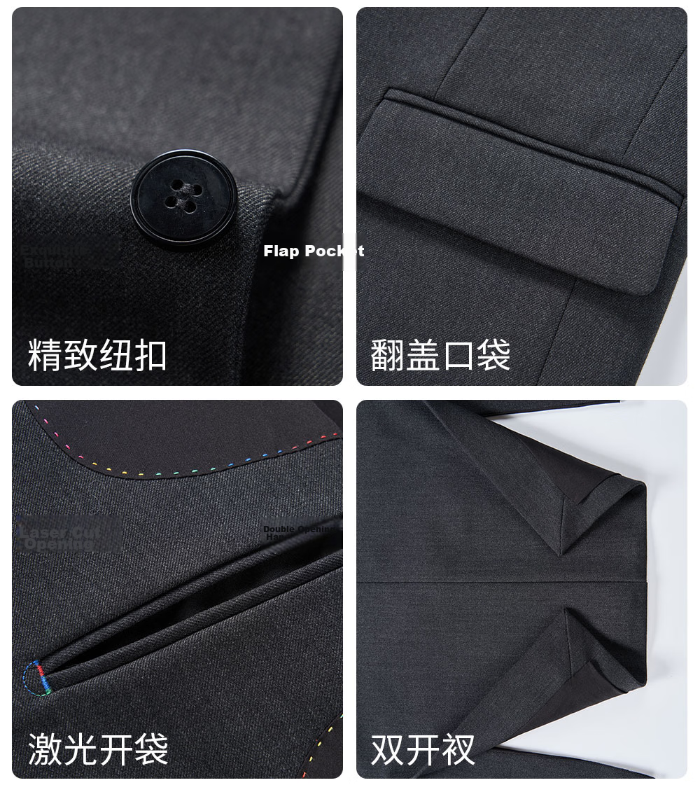 ROMON Men's Formal Suit Set Wool Blazer Vest and Trousers Black 2XL 8