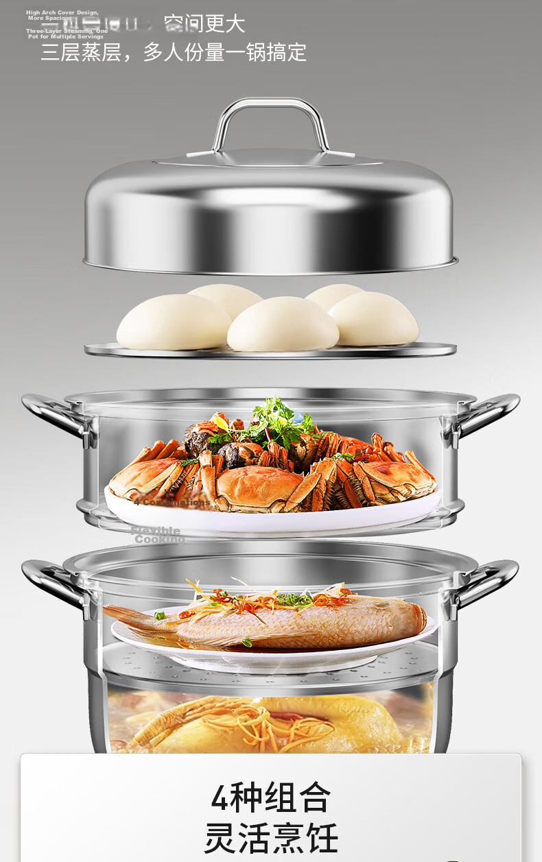 Joyoung 32cm 3-Layer 304 Stainless Steel Steamer Pot Thickened Small Household Soup Cooker for 2-3 People Compatible with Gas and Induction Stoves 11