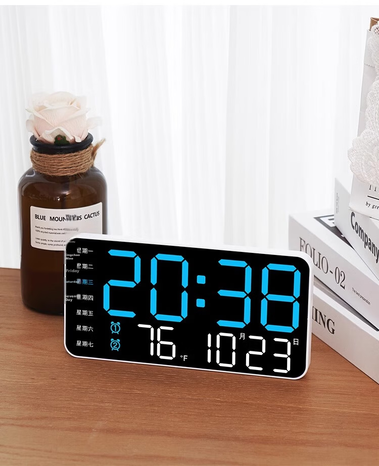 BBA Electronic Clock, Desktop TV Cabinet Clock, Tabletop LED Digital Living Room Wall-Mounted Smart Alarm Clock, 6659 Blue 14