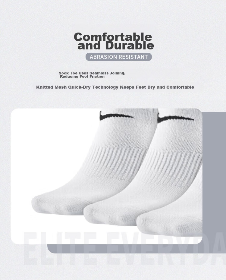 NIKE Men's Socks, Three-Pack, Boat Socks, Casual Socks, Athletic Socks, Basketball Socks, White Socks, SX7678-100, Size M 6