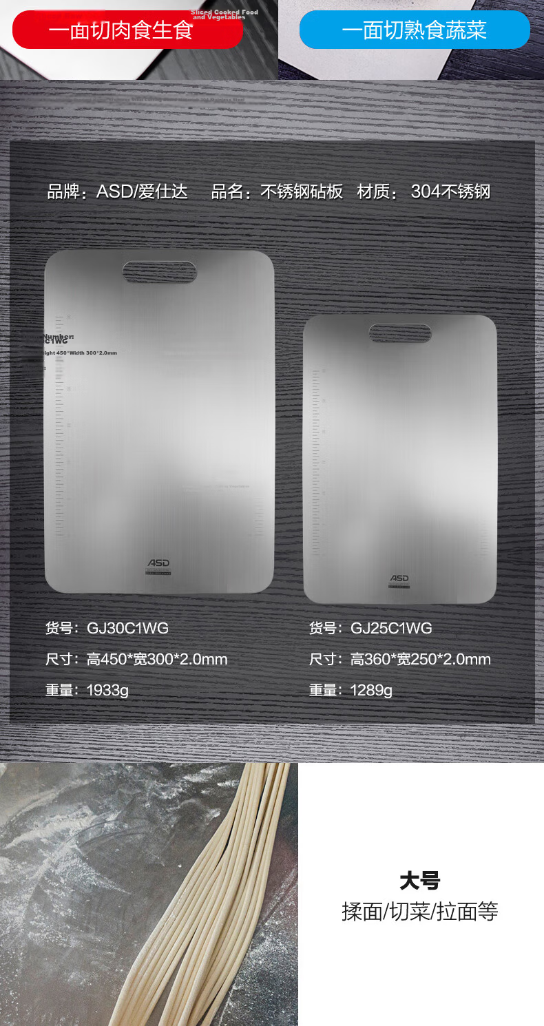ASD Cutting Board 304 Stainless Steel Mold-Resistant Thickened Large Chopping Board Vegetable Fruit Dumpling Board GJ30C1WG Large Size 8