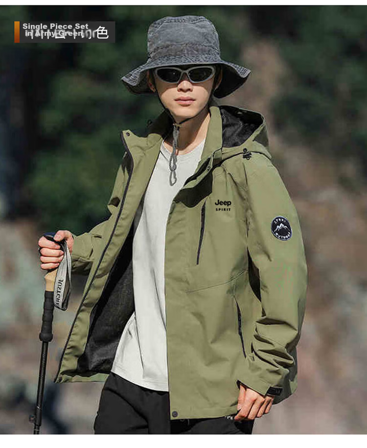 JEEP SPIRIT Men's Jacket, Spring And Autumn Korean Style Workwear Three-In Fleece Windbreaker, Army Green - 4XL 25