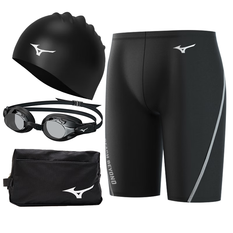 MIZUNO Men's Quick-Dry Swim Trunks Anti-Embarrassment Plus Size Sports Shorts with Goggles, Swim Cap, and Swim Bag Four-Piece Set 1124 Black L