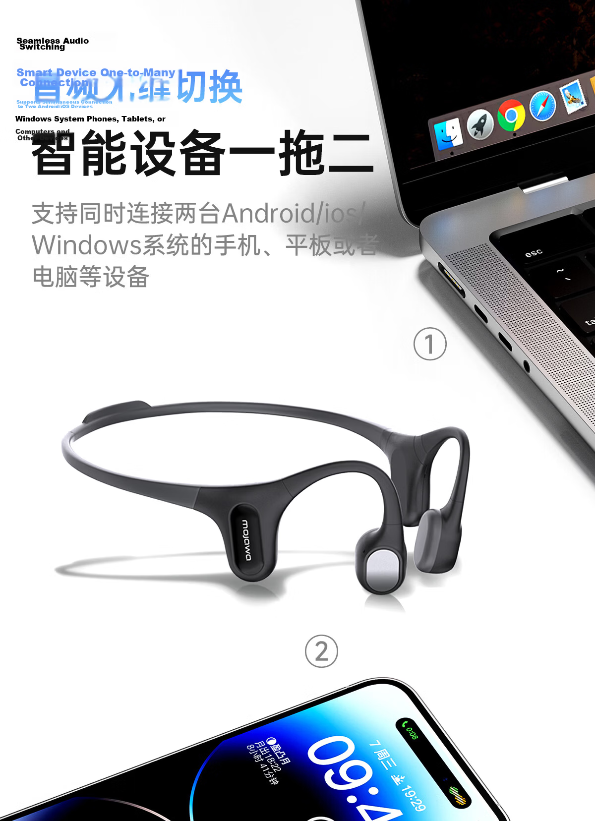 MOJAWA Run Plus New Bone Conduction Bluetooth Earphones Open-Ear Waterproof Noise-Cancelling Swimming Triathlon Cycling Compatible with Apple Huawei Moonbow Black 14