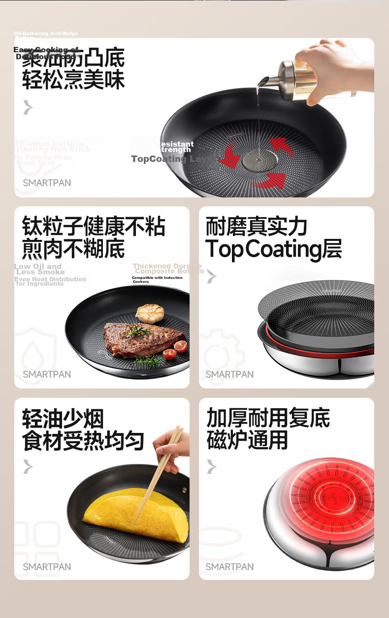 SUPOR Titanium Non-Stick Skillet, Flat Bottom Pan for Steak Frying, Lightweight Oil-Gathering Bottom, Stainless Steel Compatible with Induction Cookers EJ26CBS01 2