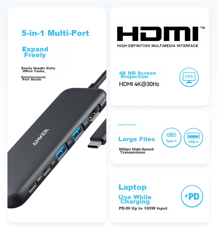 ANKER Type-C Docking Station PD100W Fast Charging USB Extension HDMI Adapter 5-in-1 Converter for Huawei Apple MacBook Tablet 3