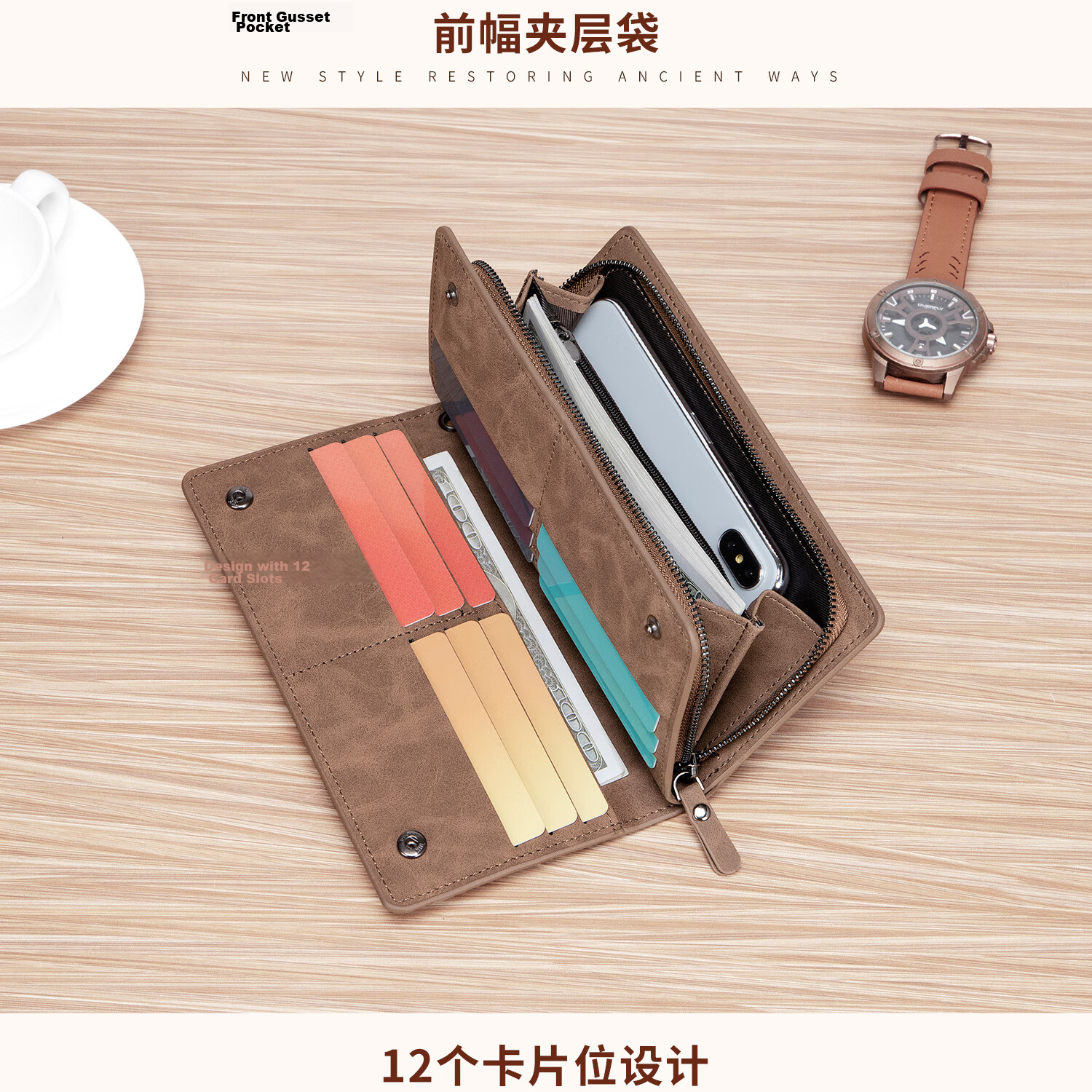 MashaLanti Men's Wallet, Large Capacity, Leather Billfold, Long Zipper Coin Purse, Multifunctional Clutch Card Holder, Business Document Wallet All-I 13