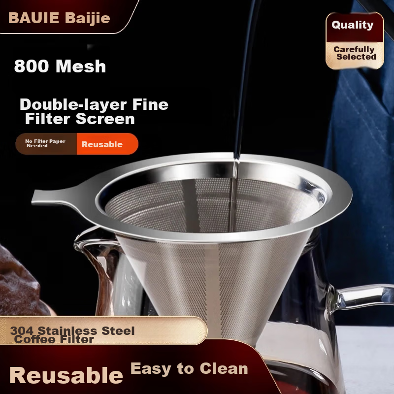 Baijie Coffee Filter Mesh Hand Drip Coffee Filter Stainless Steel Reusable 800 Mesh Drip Coffee Funnel