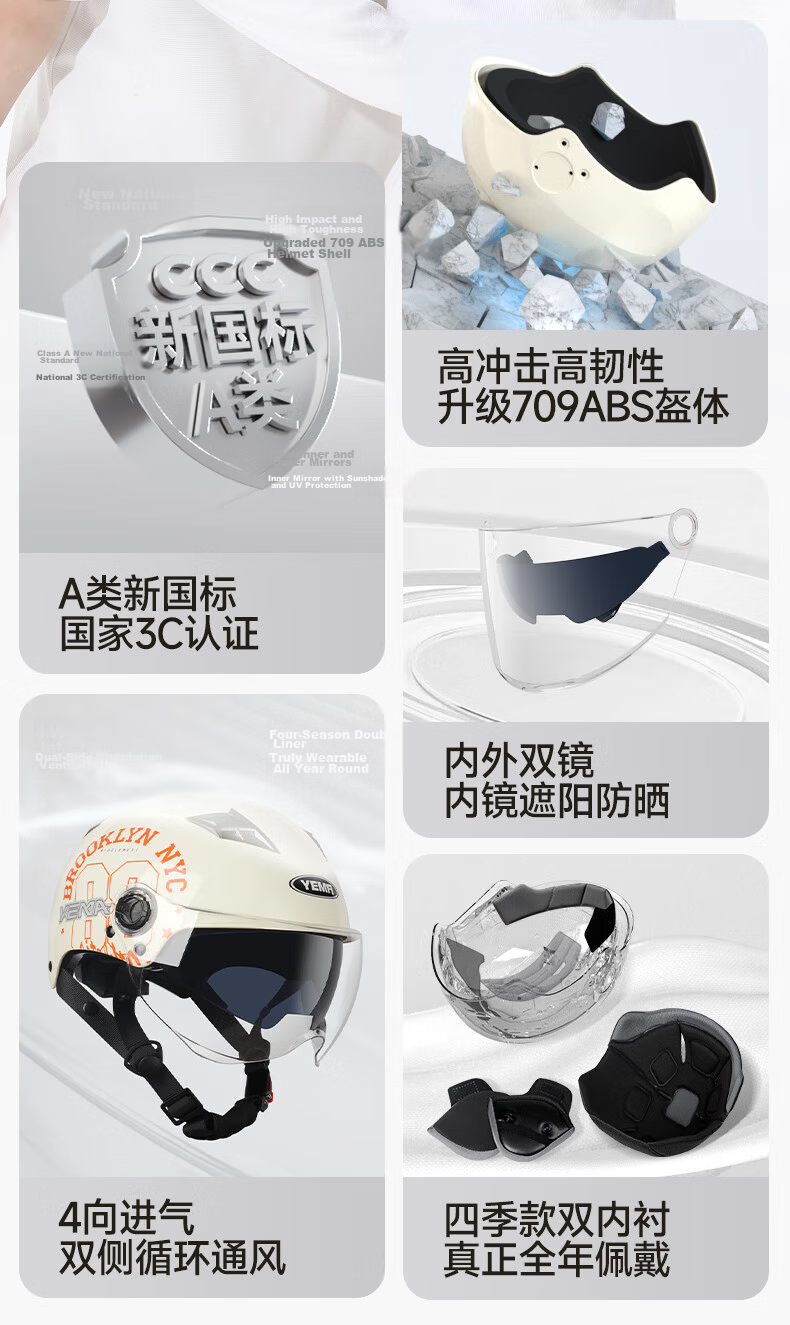 YEMA 3C Certified Electric Motorcycle Helmet, Unisex Summer Half Helmet, Electric Scooter Safety Helmet, All-Season Universal, Khaki White with Clear Short Visor 2