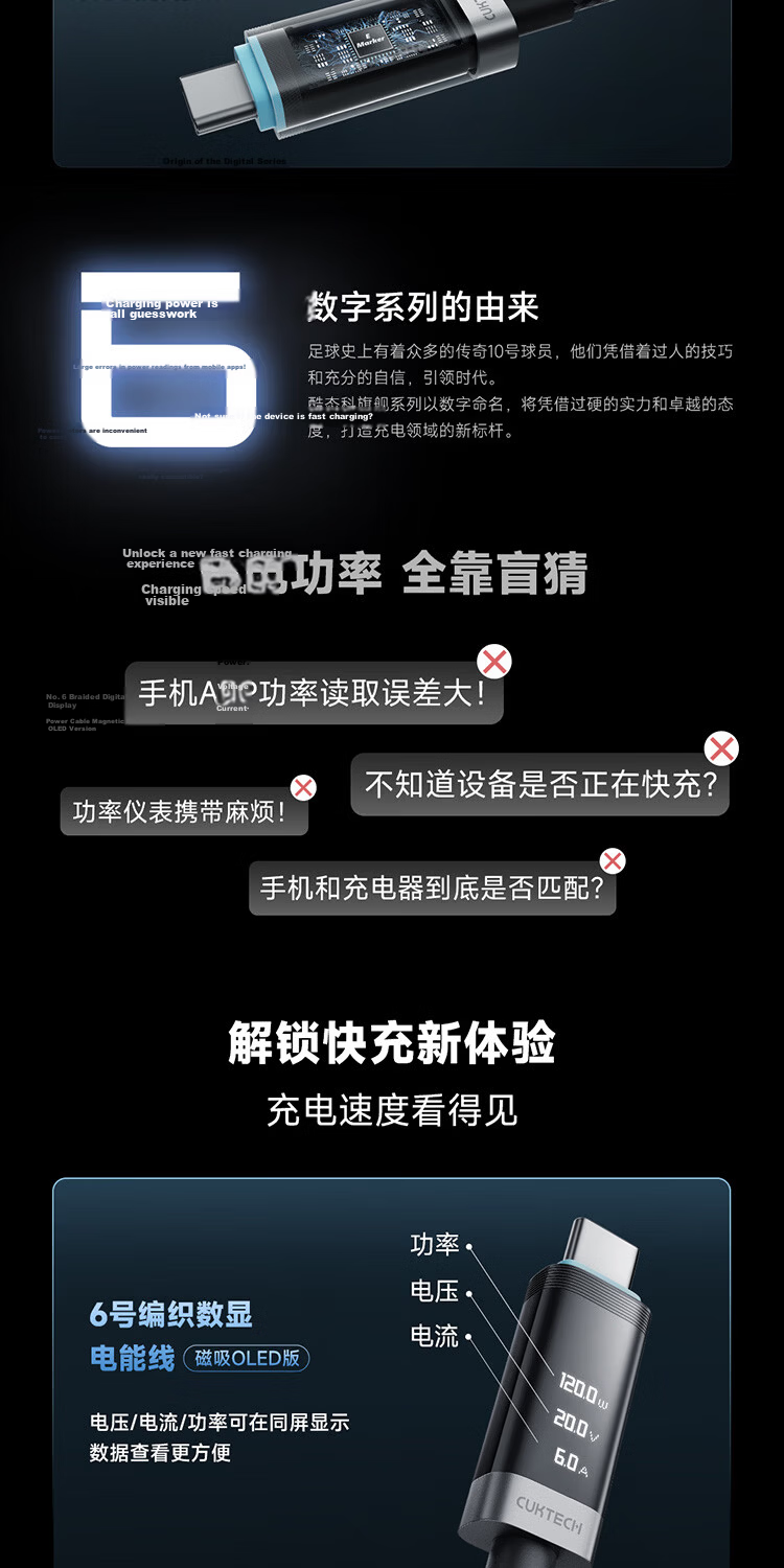 CUKTECH CoolState No.6 Magnetic Digital Display Power Cable 240W Type-C Braided 6A Fast Charging Cable Compatible with Apple 17/16/iPad/Laptop/Xiaomi/Huawei 2