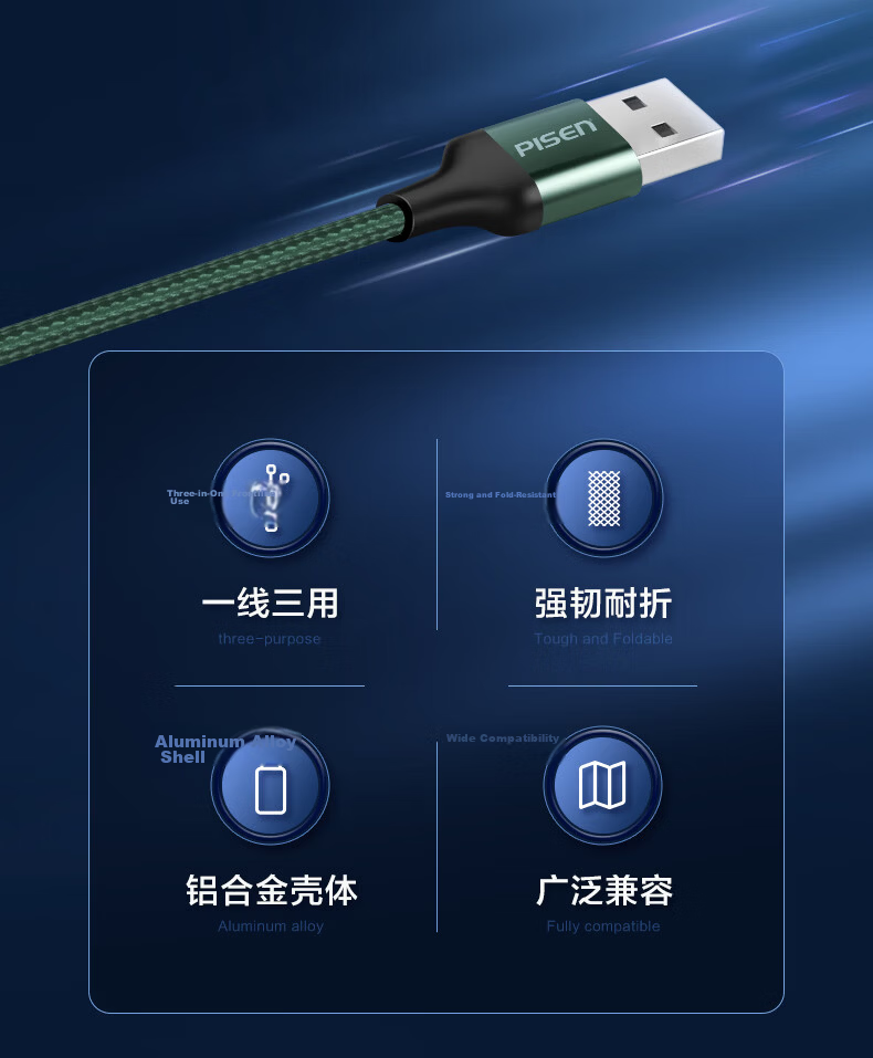 Pisen 3-in-1 Data Cable Apple Type-C Android Car Charger Fast Charging Cable Compatible with iPhone 17/16/14 Xiaomi Oppo Vivo Huawei Mate60/P70 3