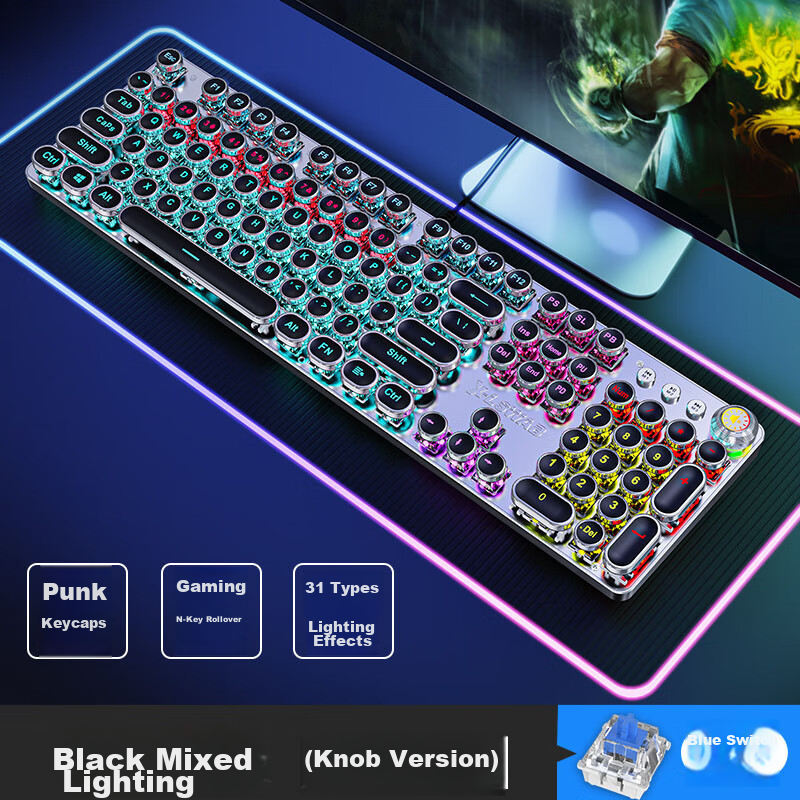 EWEADN TK100 Punk Mechanical Keyboard, Gaming Wired Keyboard for Desktop And Laptop, External Office Typing Retro Accessory, PUBG 104-Key, White with Ice Blue Light Switches 4