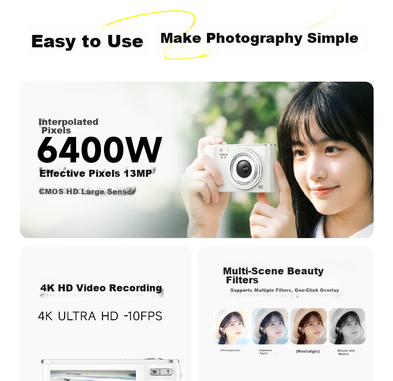 SONGDIAN Digital Student Camera, Portable Replacement for CCD Card Cameras, Vlog High-Definition Entry-Level Camera DC302 Classic Black [AF Focus] Flagship Version + 32GB Memory 2