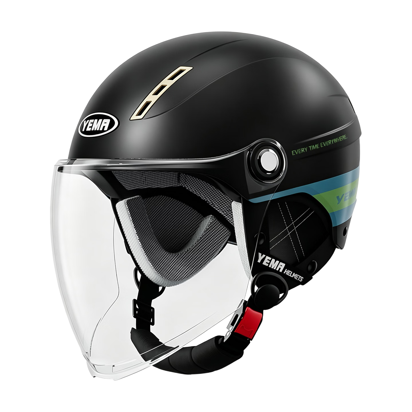 YEMA 3C Certified 359S Electric Motorcycle Helmet, Lightweight Half Helmet for Men And Women, Spring And Summer, Suitable for Electric Scooters, All-Season Use, Leather Black with Colorful Band, Transparent Long Visor