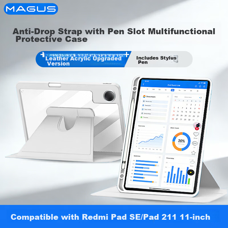 MAGUS Redmi Pad SE Case Redmi Pad 2 11-inch Full Coverage Shockproof Rotatable Protective Cover with Pen Slot Transparent Acrylic Stylus Set Gray