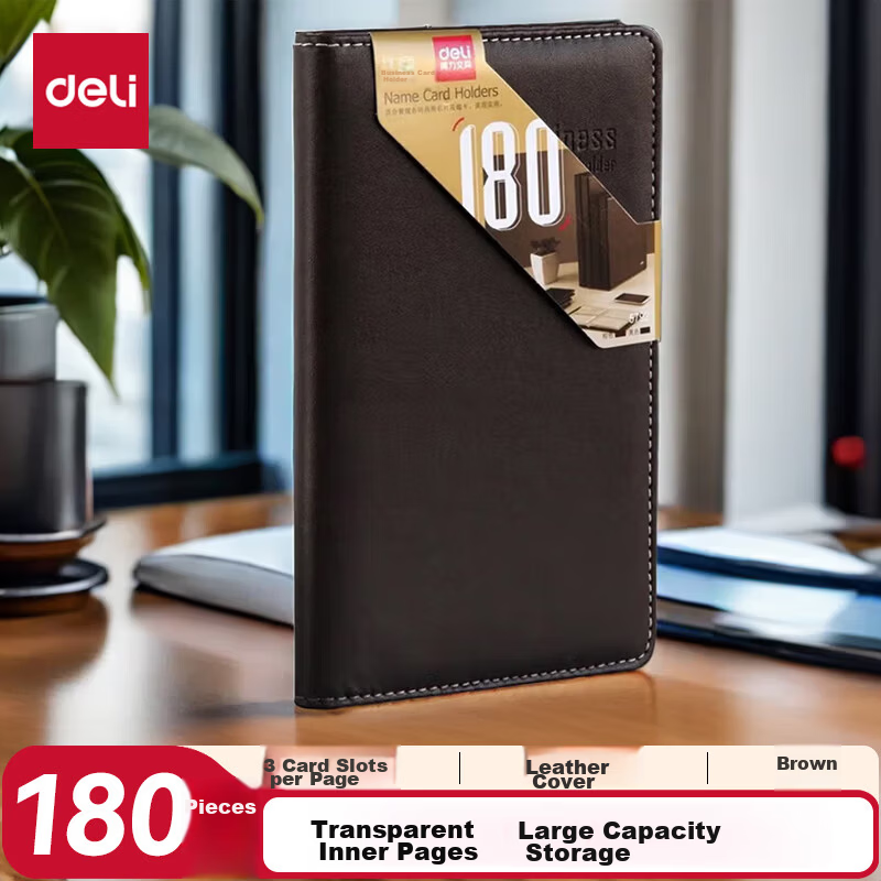 Deli 90 Pockets (180 Cards) Leather Style Lay-Flat Business Card Holder Brown 5792
