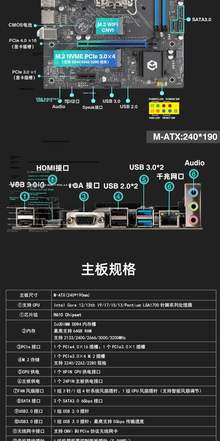 Erying H610 Desktop Motherboard Gaming Performance PC Support Intel 12th and 13th Gen Processors DDR4 Memory DIY Assembly H610M-Office-D4 5
