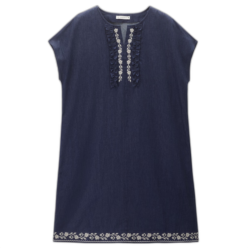 Giordano Designer Short Sleeve Dress for Women Pure Cotton Colorblock Embroidered V-Neck Denim Dress 18466807