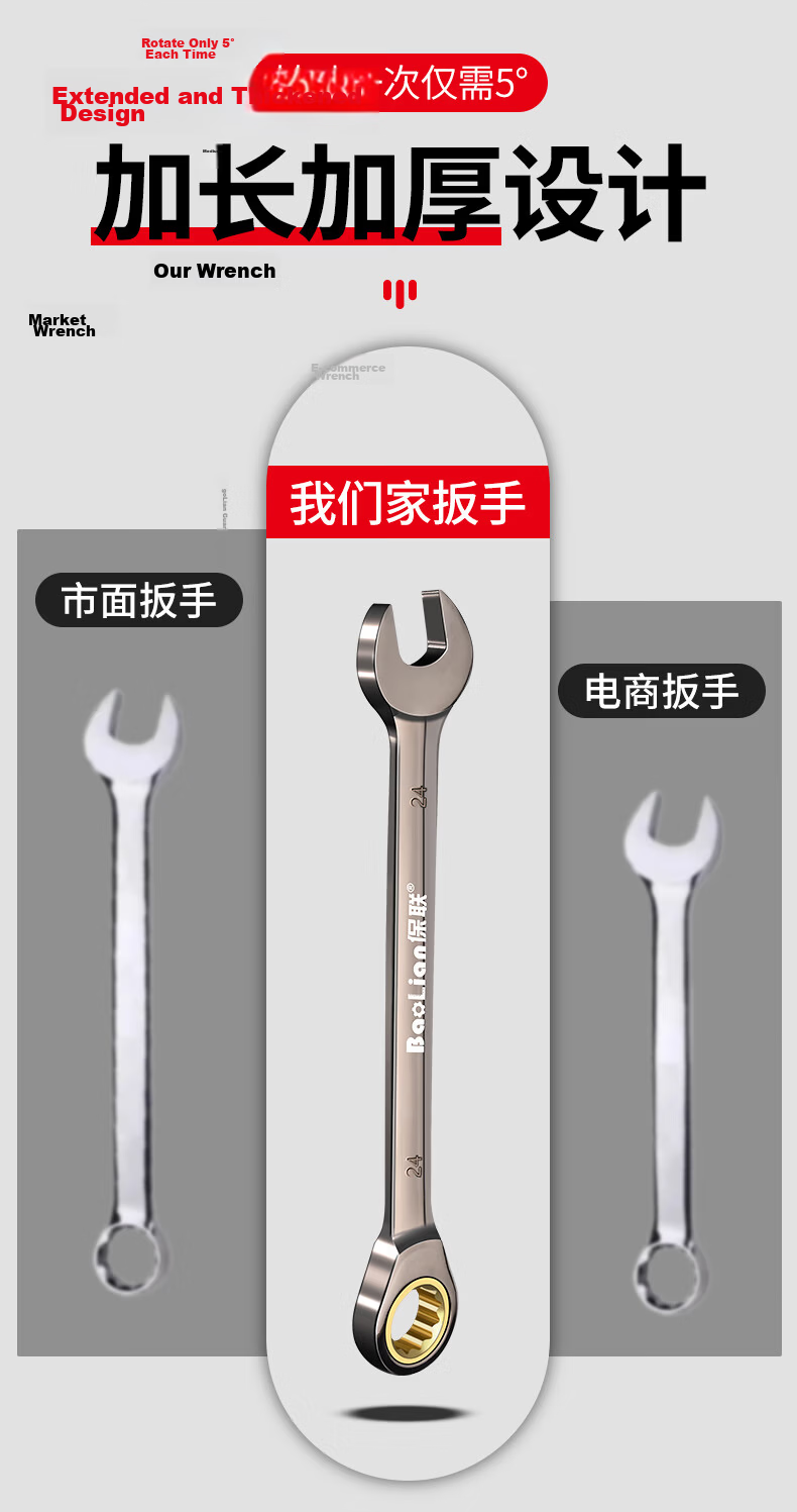 Baolian German-Style Quick Ratchet Wrench Set Open-End Quick Wrench Set Dual-Use Spline Effort-Saving Wrench Tool 3