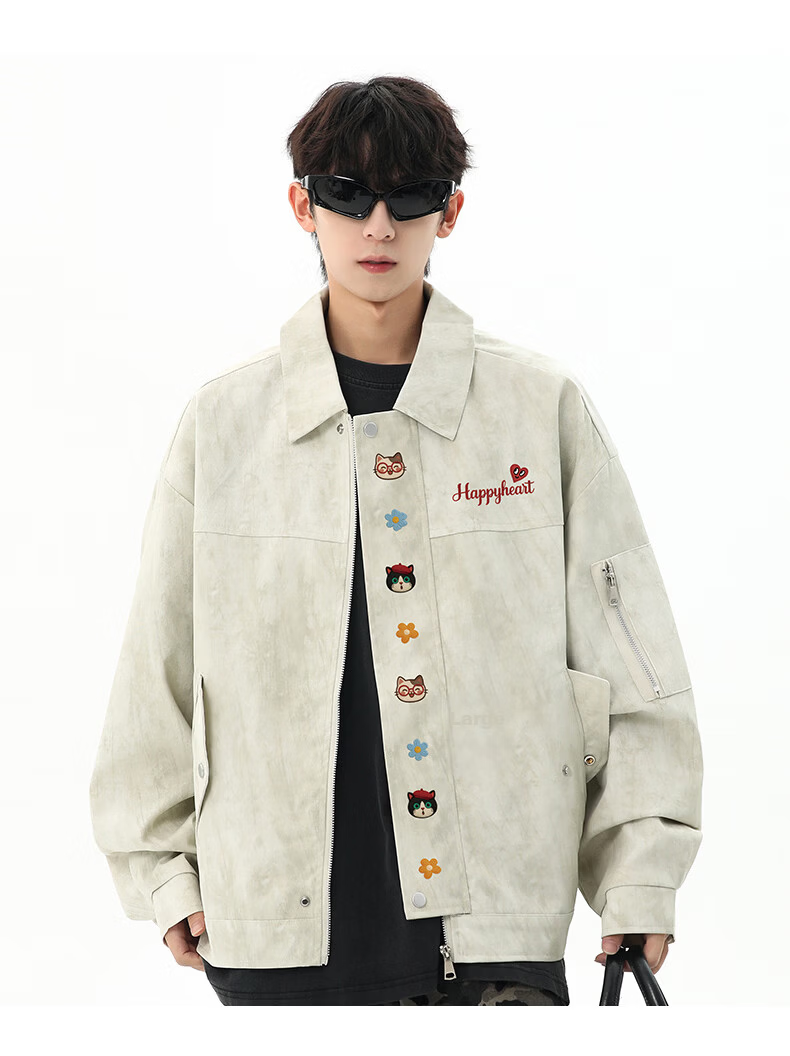 Charles Heart American Street Tie-Dye Lapel Jacket Men Spring Autumn Loose Fit Couple Dark Gray XL 18