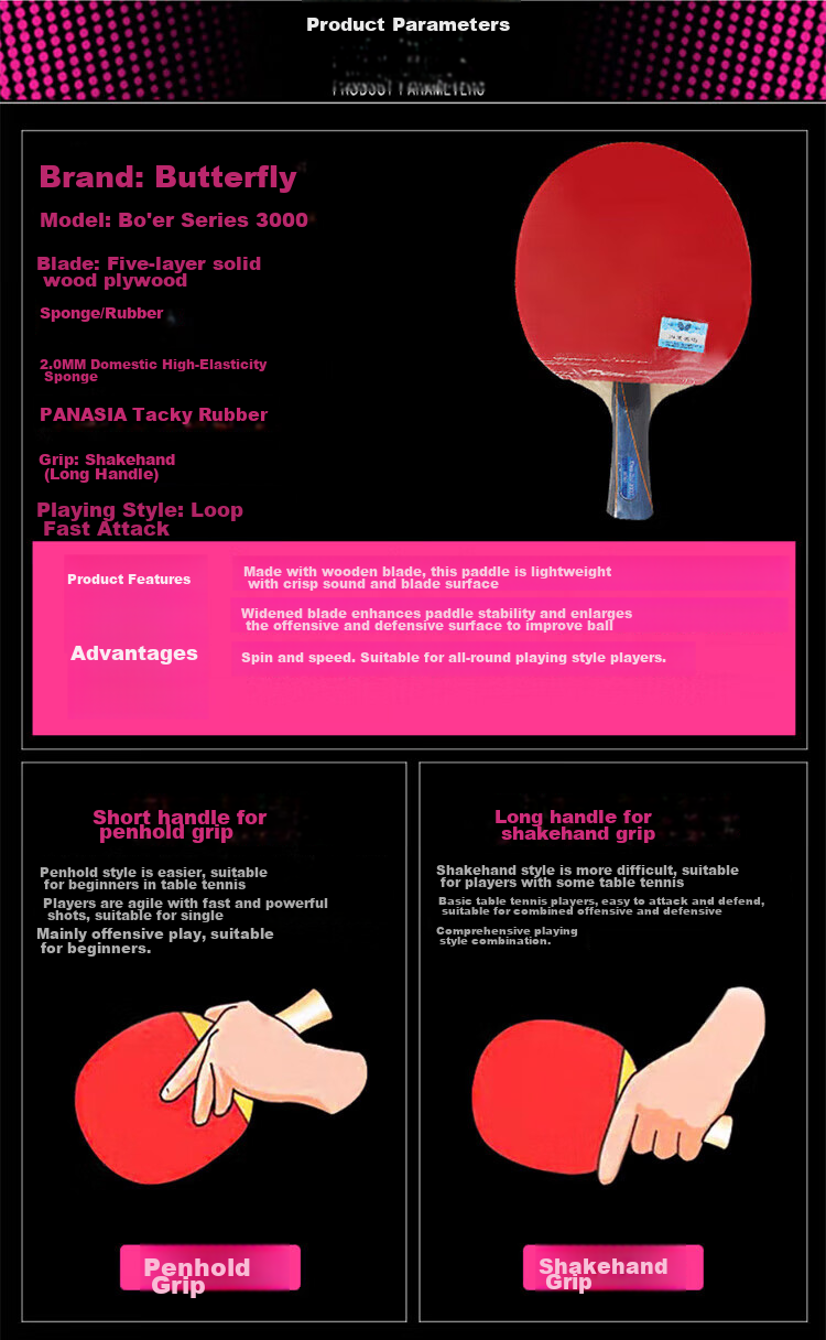 BUTTERFLY Table Tennis Racket 3000 - Penhold Grip, Double-Sided Reverse Rubber, All-Round High-Elasticity Racket with Racket Cover 3
