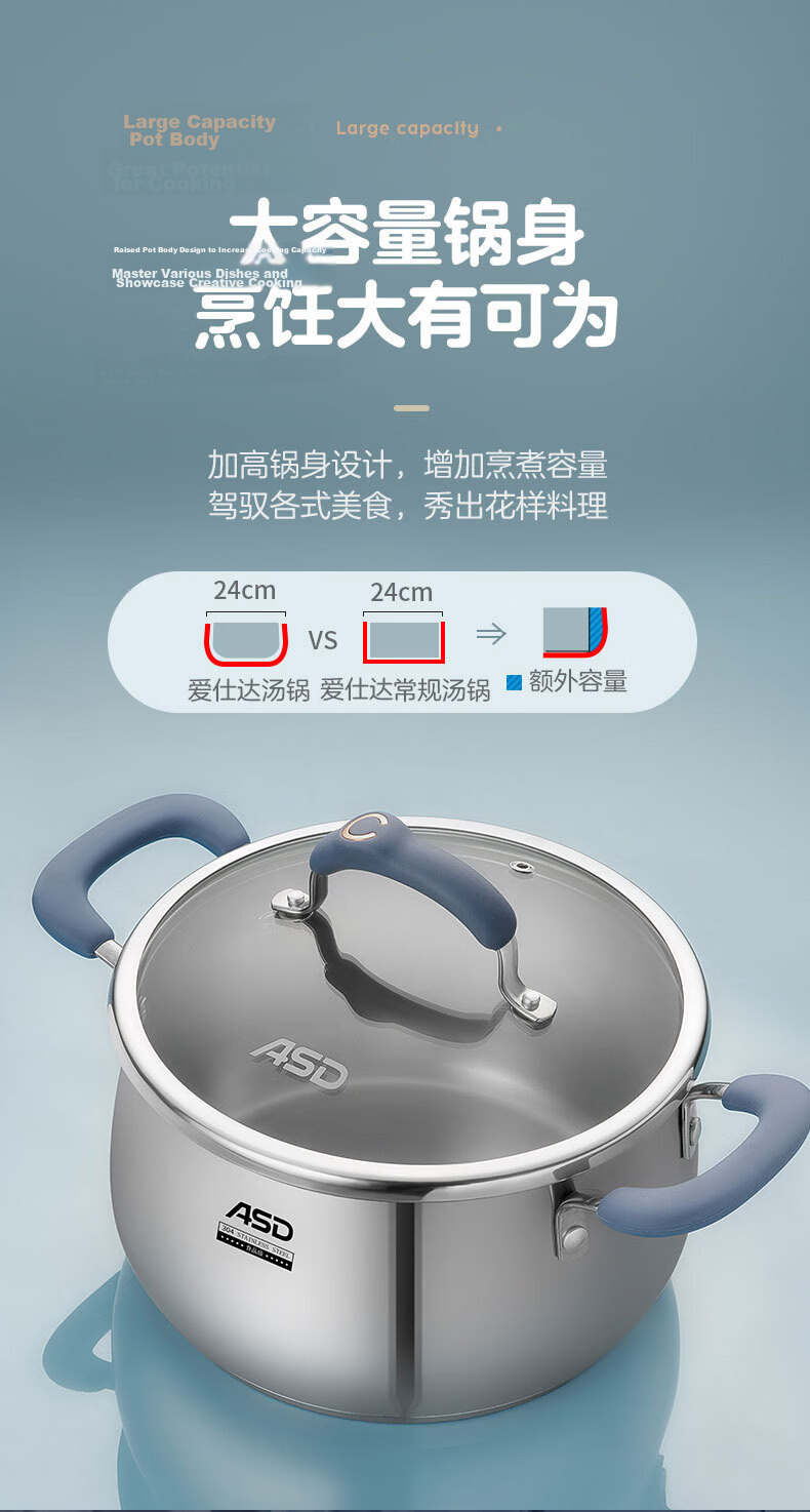 ASD Soup Pot, 304 Stainless Steel Thickened Stew Pot, Raised And Enlarged Braising Pot, 24CM Universal for Gas And Induction Cooktops H5 6