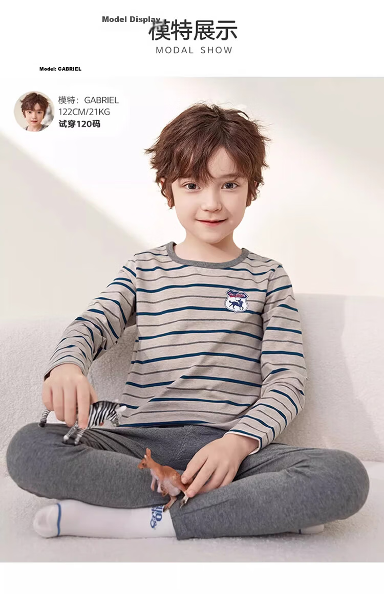 Yingbolun Kids Thermal Underwear Autumn Cotton Sweater Set Large Children School Uniform Essential 85455 Heather Gray Stripes 150 20
