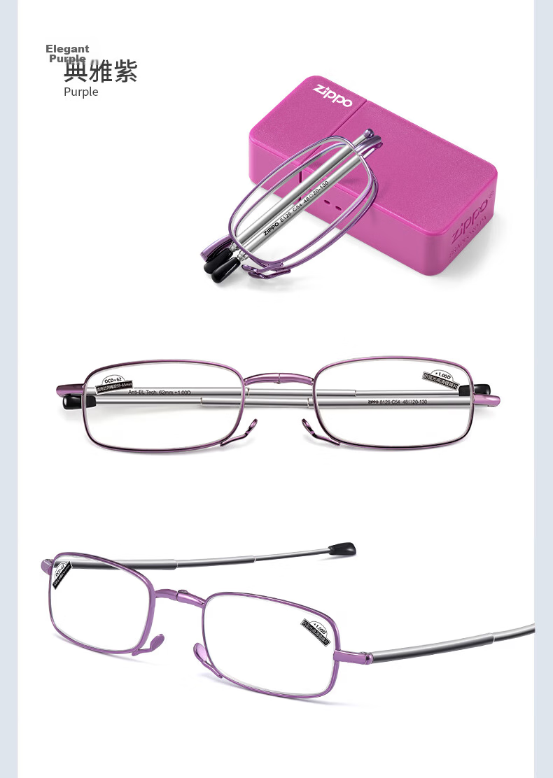 ZIPPO American Foldable Portable Reading Glasses, Ultra-Light Imported Brand, High-Definition Anti-Blue Light Eyewear, New Men's And Women's Styles, Silver, 200 Degrees 14