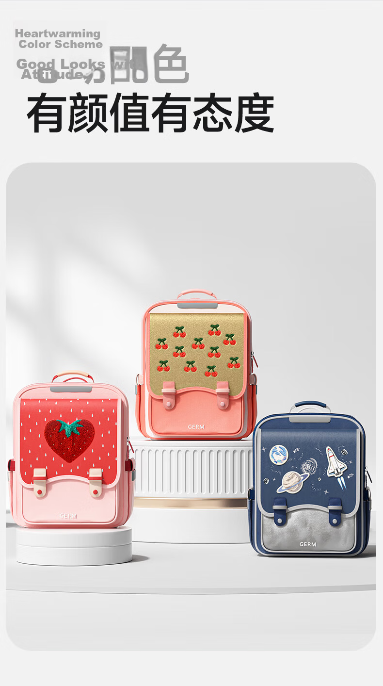 Germ Children's Backpack for Primary School Students, Lightweight for Grades One to Six, Large Capacity Schoolbag for Boys And Girls, Pink Cherry 2
