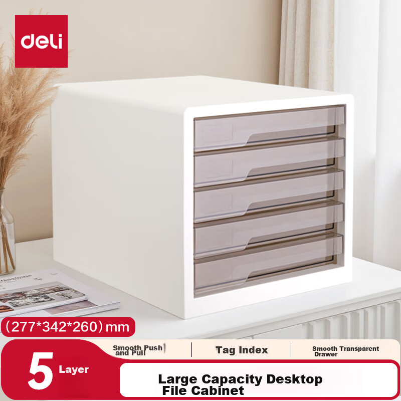 Deli 5-Layer Colorful Fashion Office Desk Desktop Storage Box Cabinet File Cabinet Drawer A4 Document/Archive Cabinet with Index Labels Subject Exam Paper Organizer White