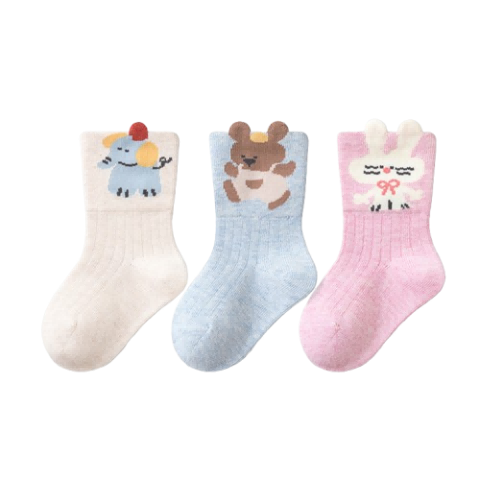Five Cotton Flowers 3-Pair Pack Children's Socks Combed Cotton Breathable Cartoon Mid-Calf Socks Seamless Comfortable Non-Binding Socks Class A