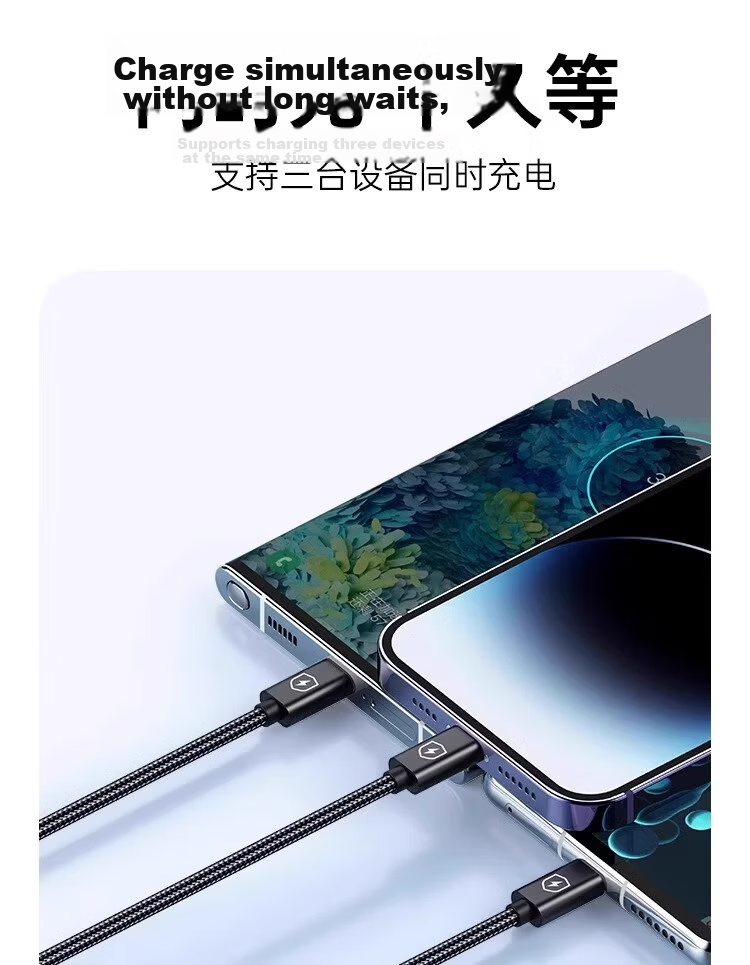 3-in-1 Data Cable 6A Fast Charging 100W Multi-Charger Cable Compatible with iPhone Apple Type-C Huawei Xiaomi Car Charger 1m 3
