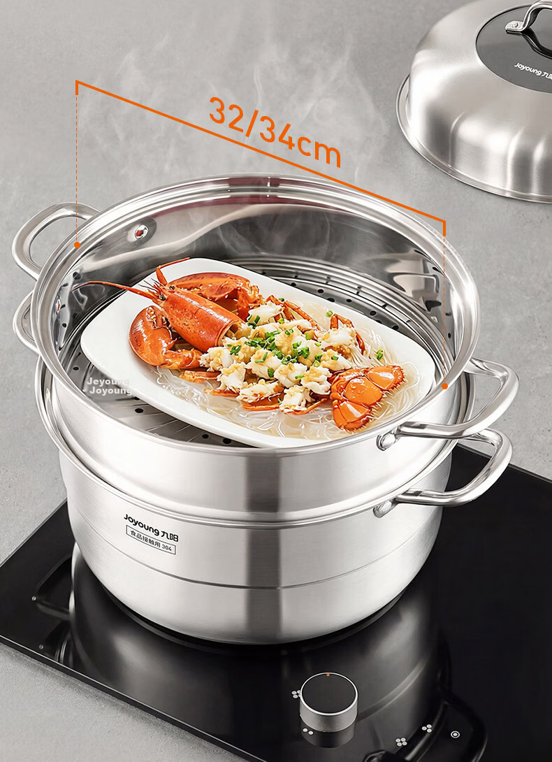 Joyoung 32cm 3-Layer 304 Stainless Steel Steamer Pot Thickened Small Household Soup Cooker for 2-3 People Compatible with Gas and Induction Stoves 4