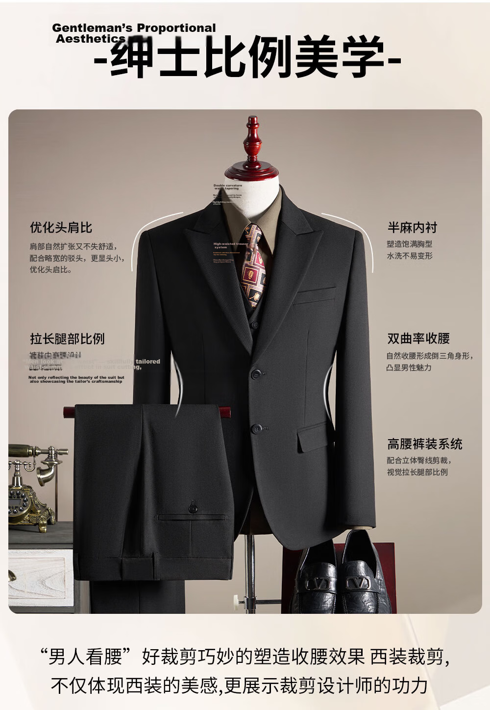 ROMON Men's Formal Suit Set Wool Blazer Vest and Trousers Black 2XL 4