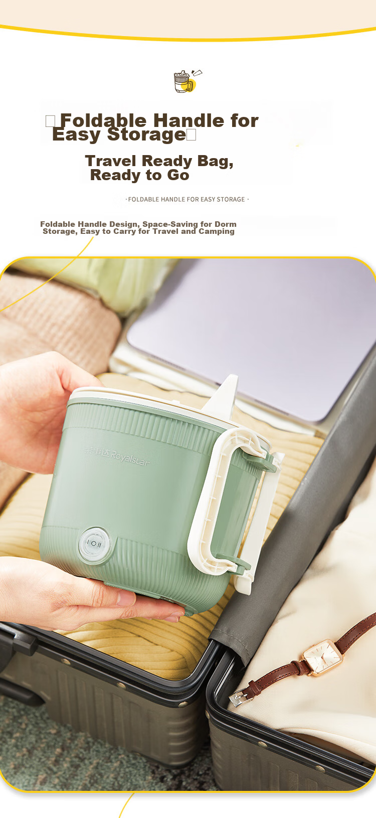 Royalstar Electric Cooking Pot Foldable Portable Small Electric Cooker for Dormitory Household Student Room All-in-One Instant Noodle Hot Pot Electric Heating Pot Titanium Coating Multifunctional Pot  6